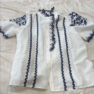 White Blouse with Navy Embroidery